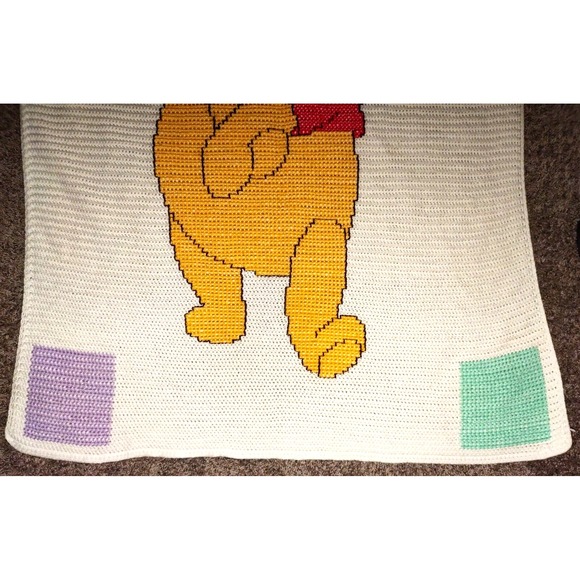 Winnie The Pooh Handmade Crochet Baby Blanket Unisex 46x60 Beige Squares Big - Picture 2 of 4